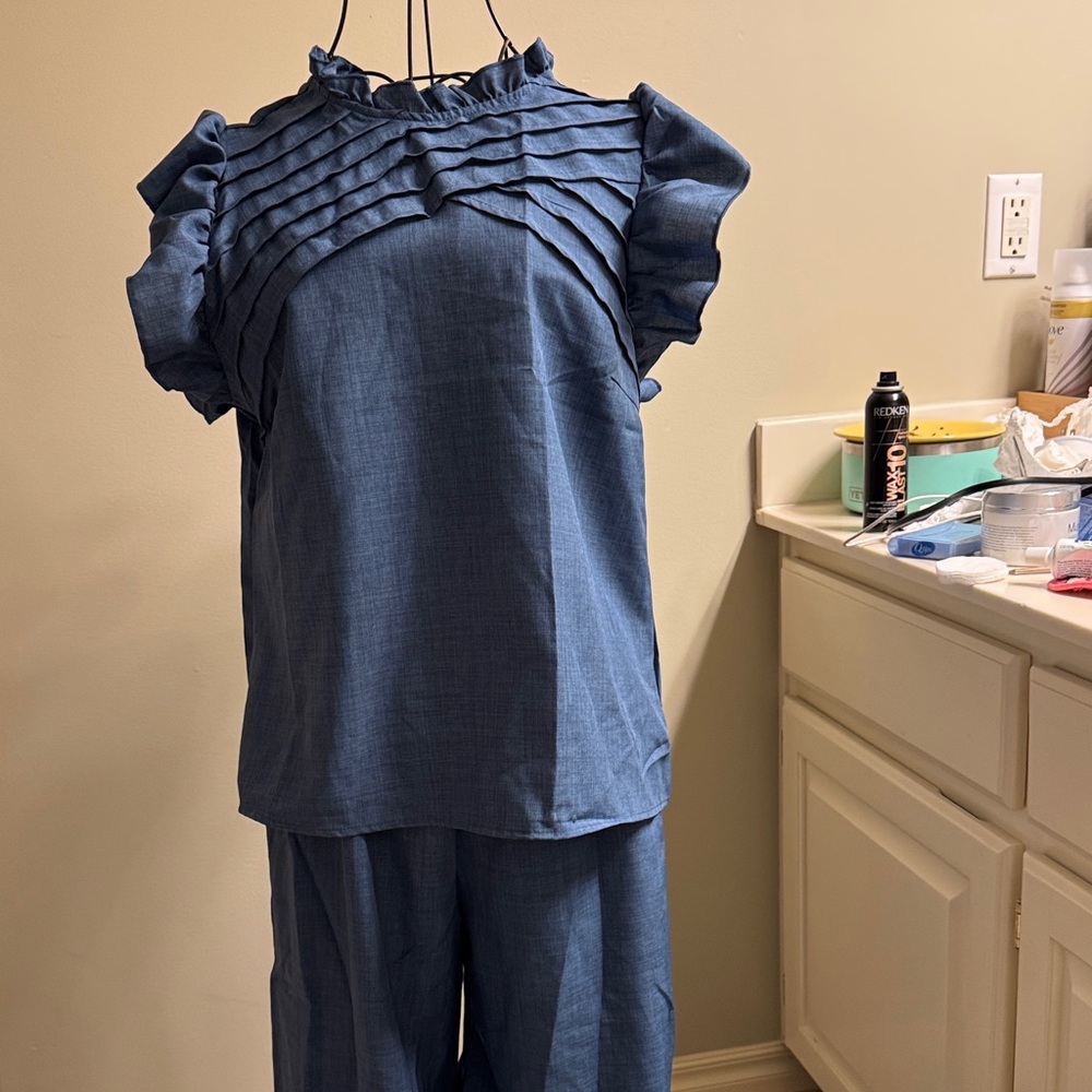 Blue Ruffled Top and Pants Set